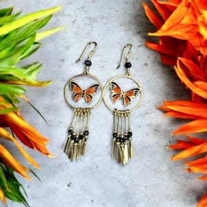 Butterfly gold fringe earrings, lightweight, brass, resin, black onyx gemstones and gold fringe, butterfly earrings. Limited Edition