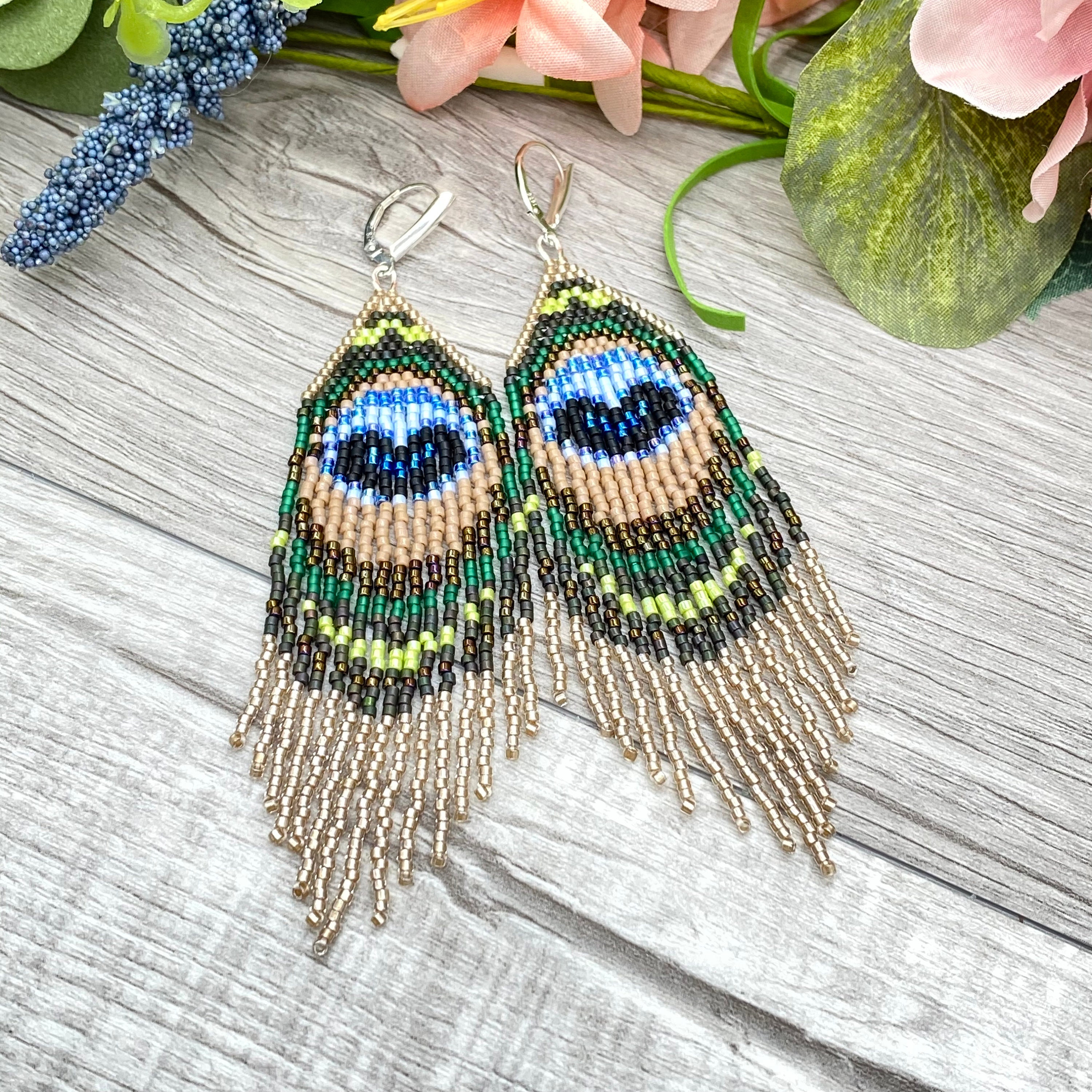 Peacock Feather Earrings Long Peacock Multicolor Beaded Earrings Long Beaded Fringe Earrings Boho Style Glass Beads Seed Beads Etsy Canada