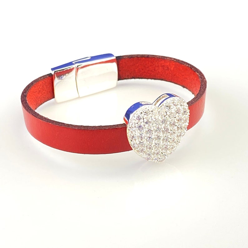 Gift for Her red leather bracelet pave cz magnetic clasp Pave CZ Heart charm bracelet Valentine/'s Day bracelet CZ Heart bracelet