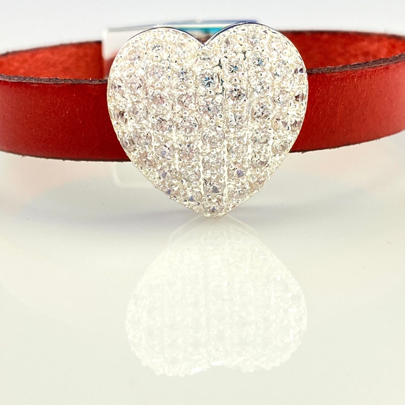 Gift for Her red leather bracelet pave cz magnetic clasp Pave CZ Heart charm bracelet Valentine/'s Day bracelet CZ Heart bracelet