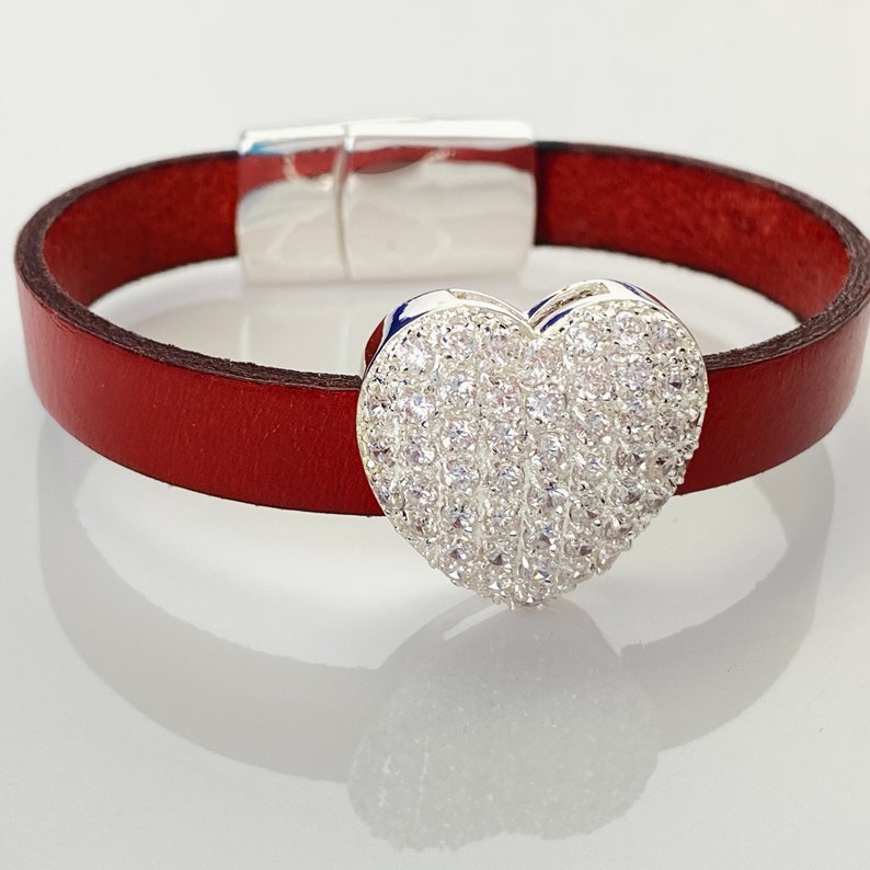 Gift for Her red leather bracelet pave cz magnetic clasp Pave CZ Heart charm bracelet Valentine/'s Day bracelet CZ Heart bracelet