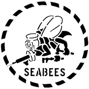 May include: A black and white illustration featuring a bee-like figure with tools, enclosed within a dashed circular border. The word "SEABEES" is printed below.