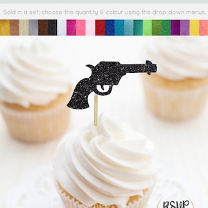 Pistola Cupcake Toppers, Gun Cupcake Toppers, Pistole o Perle Sesso Rivelano, Decorazioni Cowboy Party, Toppers Cupcake Occidentale, Scelte di cibo