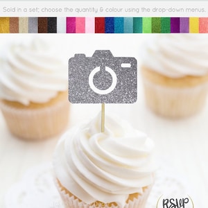 May include: Silver glitter camera cupcake topper. Sold in a set, choose the quantity and color using the drop-down menus. RSVP Party Decor.