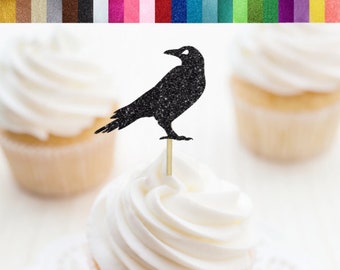 Raven Cupcake Toppers, Halloween Cupcake Toppers, Halloween Party Decorations, Bird Party Decorations, Glitter Raven Food Picks