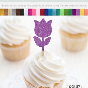Tulip Cupcake Toppers, Glitter Flower Food Picks, Garden Themed Party Decor, Floral Baby Shower, Secret Garden Bridal Shower, Floral Party