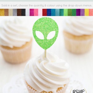 Alien Cupcake Toppers, Alien Food Picks, Alien Theme Birthday Decor, Alien Party Supplies, Space Cupcake Toppers, Space Party Decor