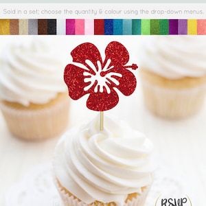 Hibiscus Flower Cupcake Toppers, Tropical Flower Food Picks, Tropical Party Decorations, Hawaiian Theme Party Decor, Luau Birthday Decor