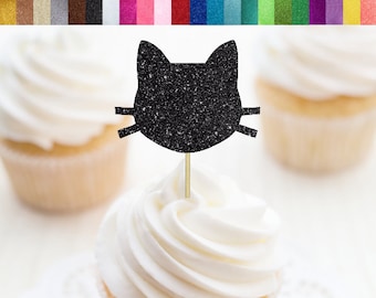 Cat Cupcake Toppers, Kitty Cupcake Toppers, Cat Food Picks, Kitty Party Decor, Cat Birthday Decorations, Halloween Cupcake Toppers, Glitter