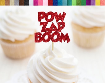 Pow Zap Boom Cupcake Toppers, Cómic Cupcake Toppers, Superhéroe Cupcake Toppers, Decoraciones de fiesta de cómic, Cumpleaños temático de cómics