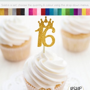 Crown 16 Cupcake Toppers, Sweet 16 Party Decorations, 16th Birthday Party Decorations, Sweet Sixteen Cupcake Toppers, 16th Birthday Toppers
