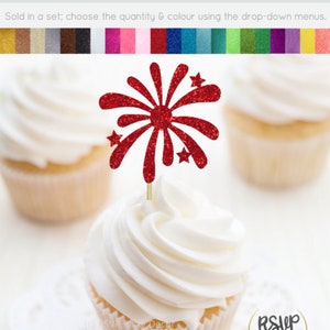 Firework Cupcake Toppers, Fourth of July Party Decor, July 4th Cupcake Toppers, Canada Day Party Decorations, New Years Eve Food Picks, NYE