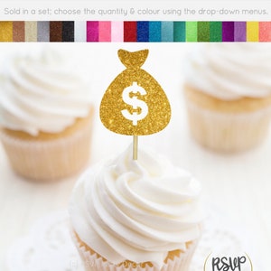 Money Bag Cupcake Toppers, Money Themed Food Picks, Dollar Sign Food Picks, Promotion Decorations, Casino Party Decor, Cops Robbers Party image 1