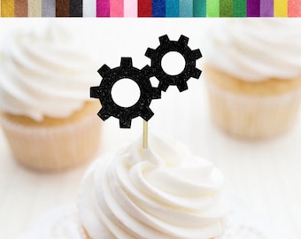 Toppers de cupcake de engrenagem, escolhas de comida de robô, decorações de festa Steampunk, decoração de festa de aniversário mecânica, decoração de festa de engenheiro, escolhas de comida de engrenagens