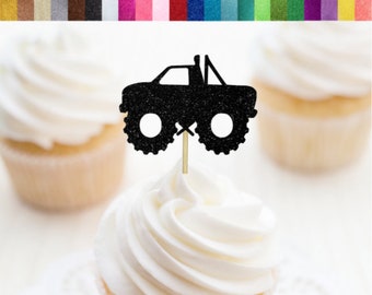 May include: Black glitter monster truck cupcake topper. Sold in a set, choose the quantity and color using the drop-down menus.