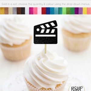 Film Clapper Cupcake Toppers, Movie Food Picks, Hollywood Themed Party Decor, Film School Graduation, Movie Toppers, Cinema Birthday