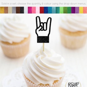 Rock Hand Cupcake Toppers, Music Party Decorations, Rock Star Cupcake Toppers, Rock n Roll Party Decor, Music Theme Birthday Decor image 1