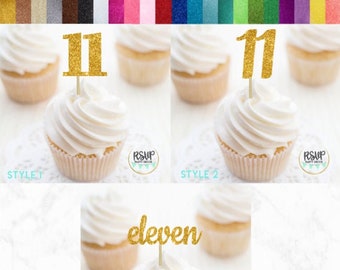 Number 11 Cupcake Toppers, Eleven Food Picks, 11th Birthday Decorations, 11th Anniversary Party Decorations, Glitter "11" Toppers