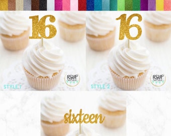 Number 16 Cupcake Toppers, Sixteen Food Picks, 16th Birthday Decorations, 16th Anniversary Party Decorations, Glitter Sweet 16 Toppers