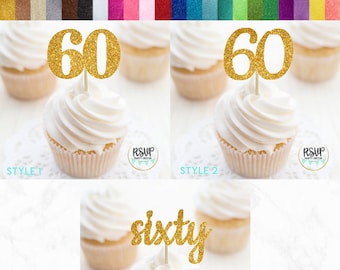 Number 60 Cupcake Toppers, Sixty Food Picks, 60th Birthday Decorations, 60th Anniversary Party Decorations, Glitter "60" Toppers