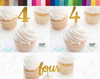 Number 4 Cupcake Toppers, Four Food Picks, 4th Birthday Decorations, 4th Anniversary Party Decorations, Glitter "4" Toppers