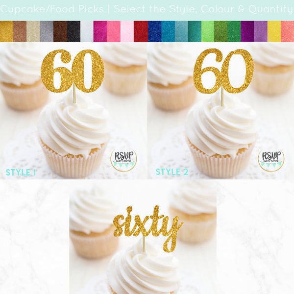 Number 60 Cupcake Toppers, Sixty Food Picks, 60th Birthday Decorations, 60th Anniversary Party Decorations, Glitter "60" Toppers