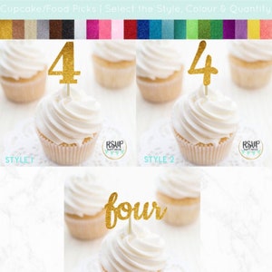 Number 4 Cupcake Toppers, Four Food Picks, 4th Birthday Decorations, 4th Anniversary Party Decorations, Glitter &quot;4&quot; Toppers