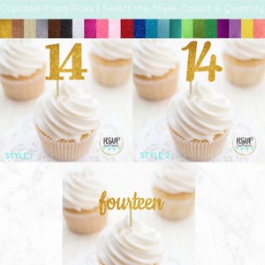Number 14 Cupcake Toppers, Fourteen Food Picks, 14th Birthday Decorations, 14th Anniversary Party Decorations, Glitter "14" Toppers