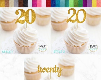 Number 20 Cupcake Toppers, Twenty Food Picks, 20th Birthday Decorations, 20th Anniversary Party Decorations, Glitter "20" Toppers