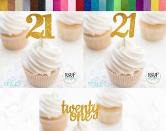 Number 21 Cupcake Toppers, Twenty One Food Picks, 21st Birthday Decorations, 21st Anniversary Party Decorations, Glitter "21" Toppers