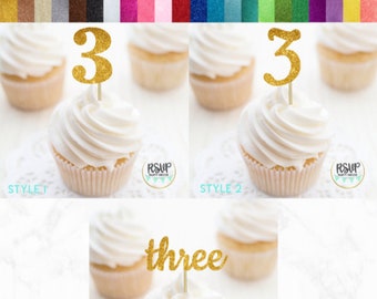 Number 3 Cupcake Toppers, Three Food Picks, 3rd Birthday Decorations, 3rd Anniversary Party Decorations, Glitter "3" Toppers