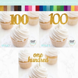 Nummer 100 Cupcake Toppers, &quot;One Hundred&quot; Food Picks, 100th Birthday Decorations, 100th Anniversary Party Decorations