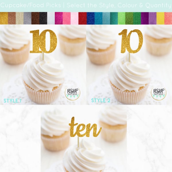 Number 10 Cupcake Toppers, Ten Food Picks, 10th Birthday Decorations, 10th Anniversary Party Decorations, Glitter "10" Toppers