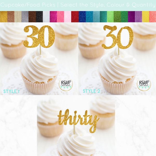 Number 30 Cupcake Toppers, Thirty Food Picks, 30th Birthday Decorations, 30th Anniversary Party Decorations, Glitter "30" Toppers