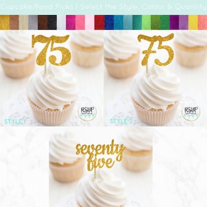 Number 75 Cupcake Toppers, Seventy Five Food Picks, 75th Birthday Decorations, 75th Anniversary Party Decorations, Glitter "75" Toppers