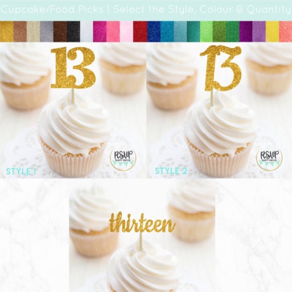 Number 13 Cupcake Toppers, Thirteen Food Picks, 13th Birthday Decorations, 13th Anniversary Party Decorations, Glitter "13" Toppers