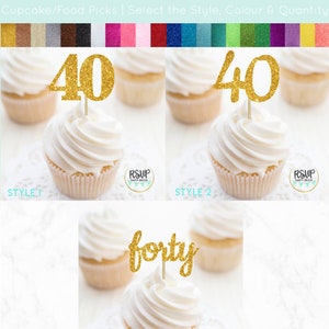 Number 40 Cupcake Toppers, Forty Food Picks, 40th Birthday Decorations, 40th Anniversary Party Decorations, Glitter &quot;40&quot; Toppers