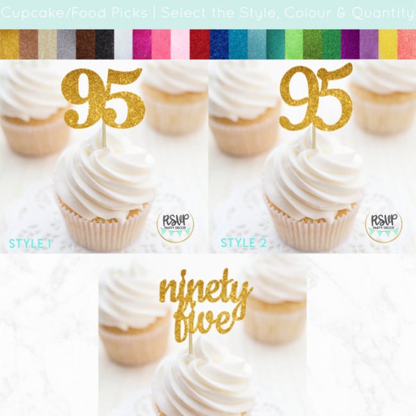 Number 95 Cupcake Toppers, Ninety Five Food Picks, 95th Birthday Decorations, 95th Anniversary Party Decorations, Glitter "95" Toppers