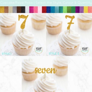 Number 7 Cupcake Toppers, Seven Food Picks, 7th Birthday Decorations, 7th Anniversary Party Decorations, Glitter &quot;7&quot; Toppers