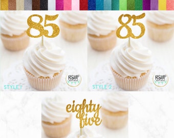 Number 85 Cupcake Toppers, Eighty Five Food Picks, 85th Birthday Decorations, 85th Anniversary Party Decorations, Glitter "85" Toppers