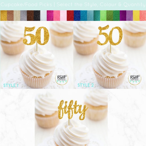 Number 50 Cupcake Toppers, Fifty Food Picks, 50th Birthday Decorations, 50th Anniversary Party Decorations, Glitter "50" Toppers