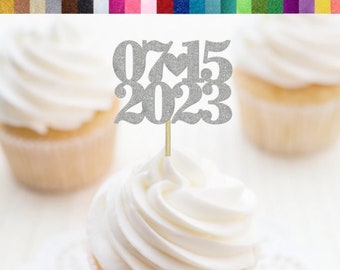 Custom Date Cupcake Toppers, Wedding Cupcake Toppers, Anniversary Cupcake Toppers, Decoración de fiesta de compromiso, Decoraciones de fiesta de aniversario