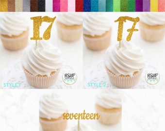 Number 17 Cupcake Toppers, Seventeen Food Picks, 17th Birthday Decorations, 17th Anniversary Party Decorations, Glitter "17" Toppers