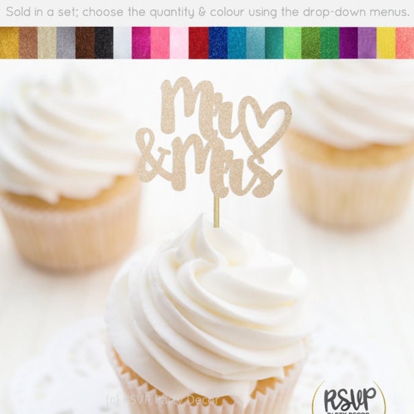 Mr & Mrs Heart Cupcake Toppers, Wedding Cupcake Toppers, Anniversary Cupcake Toppers, Wedding Food Picks, Wedding Dessert Table Decorations