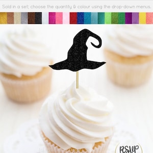 Witch Hat Cupcake Toppers, Witch Party Decorations for Halloween, Halloween Themed Birthday Party Decor, Wizard Hat Cupcake Toppers