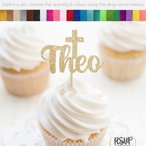 Toppers de cupcakes croisés personnalisés, toppers de cupcakes de baptême, toppers de cupcakes de la Sainte Communion, choix de nourriture de Dieu bénisse