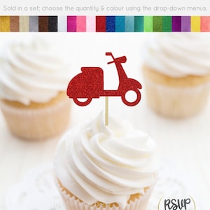 Vespa Scooter Cupcake Toppers, Décorations de fête de scooter, Italie Cupcake Toppers, Décorations d'anniversaire italiennes, Vespa Party Decor