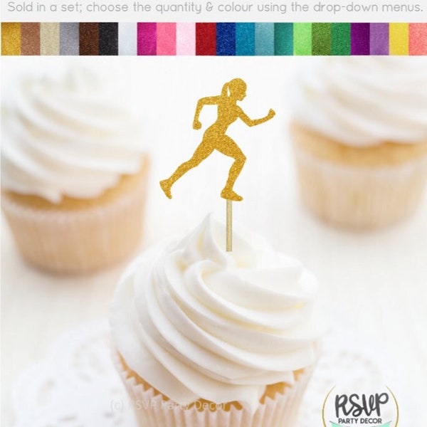 Cupcake Toppers femme en cours d'exécution, décorations de fête de coureur, pics alimentaires de Cross Country, décor de fête pour Marathon, décor d'anniversaire de Cross Country