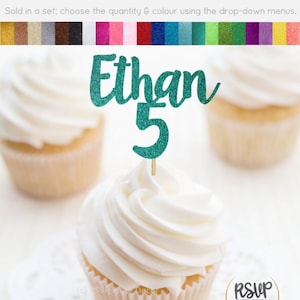 Toppers per cupcake personalizzati per il 5 ° compleanno, decorazioni personalizzate per feste di 5 ° compleanno, decorazioni per feste di quinto compleanno, il nome è 5 scelte di cibo