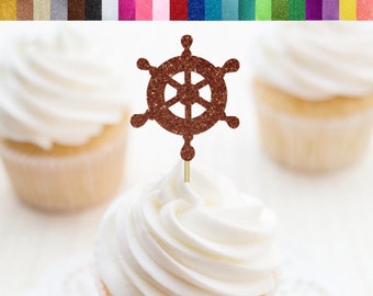 Ship Wheel Cupcake Toppers, Nautical Party Decor, Pirate Birthday Party Decorations, Pirate Cupcake Toppers, Ocean Sea Nautical Bachelorette